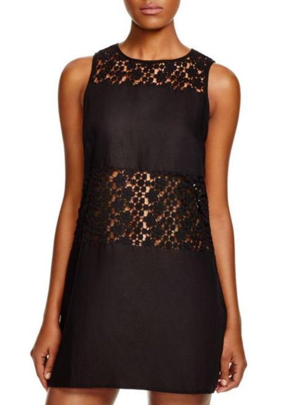 Tory Burch Linen Lace Inset Shift Mini Dress Black XS